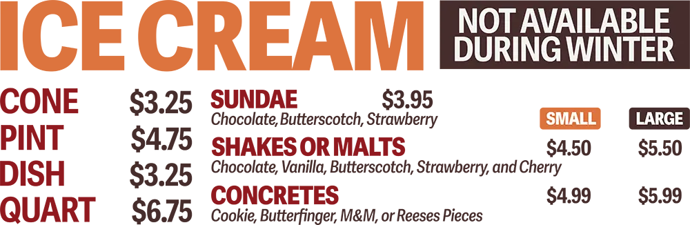 Ice Cream and Drinks Menu