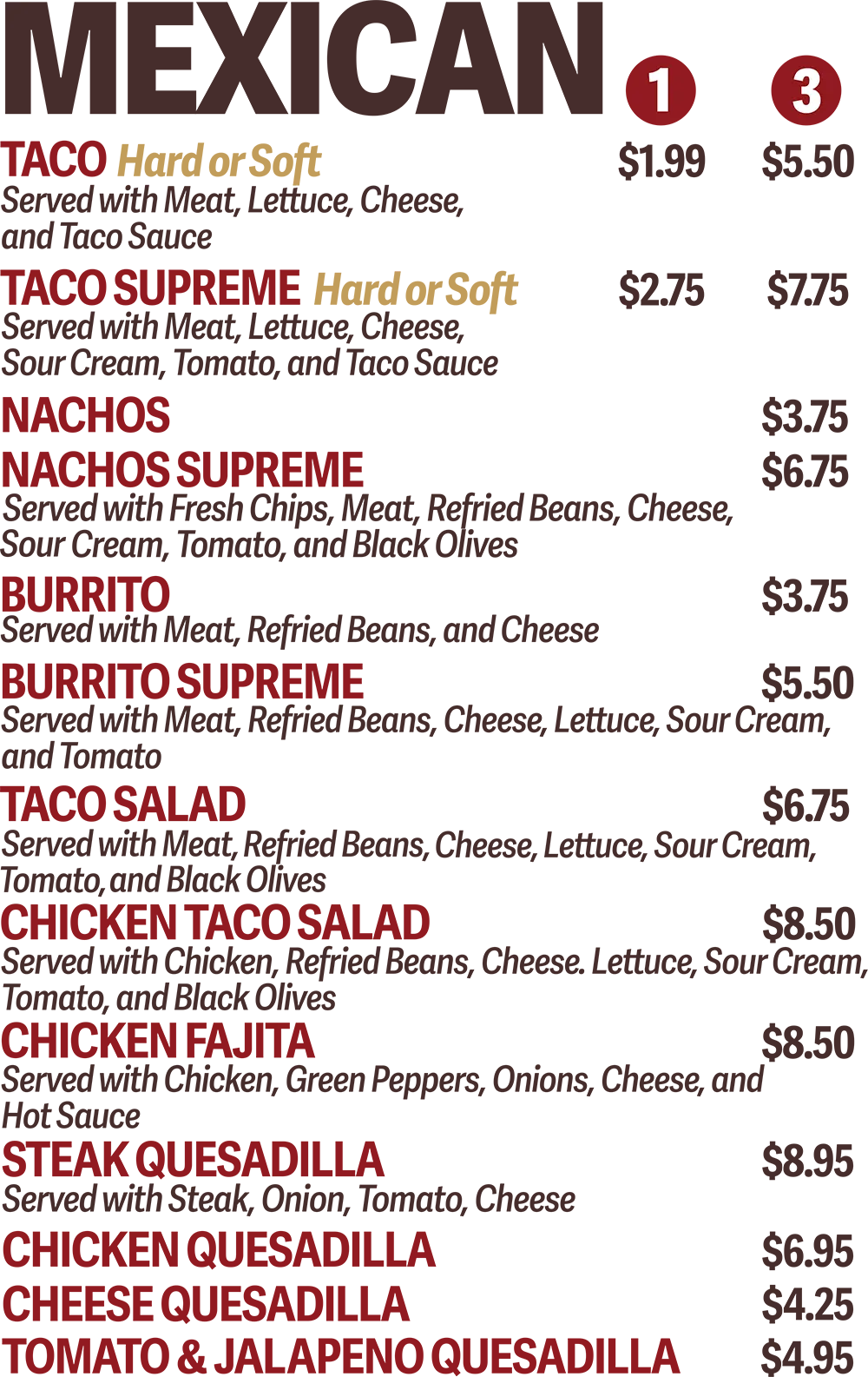Mexican Menu
